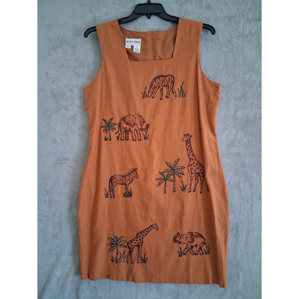 Betsy's Things Tank Shift Dress Sz 16 Orange Safari Animal Linen Blend Artsy Vtg